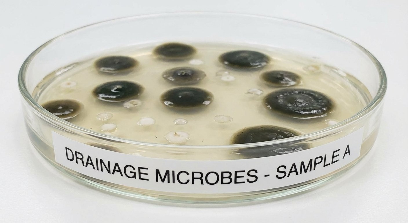 Baktēriju kolonijas petri traukā saistībā ar kanalizācijas tīrīšanu