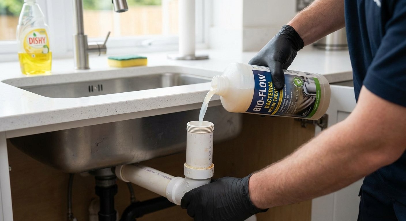 Persona ielej baktēriju ārstēšanas līdzekli kanalizācijā