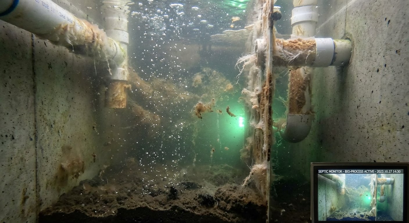 Notekūdeņu sadalīšana un smaku mazināšana septiskajā tvertnē