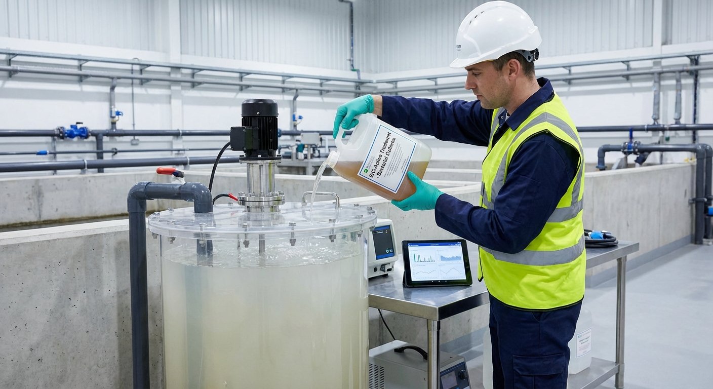 Speciālists uztur kanalizācijas baktēriju sistēmu tīru un efektīvu