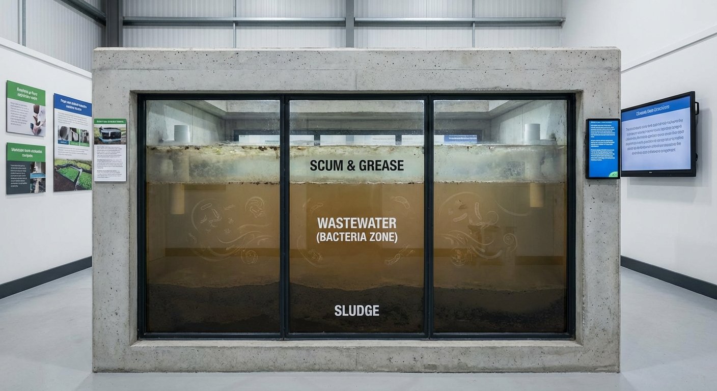 Septiskās tvertnes iekšējā konstrukcija ar baktēriju slāņiem