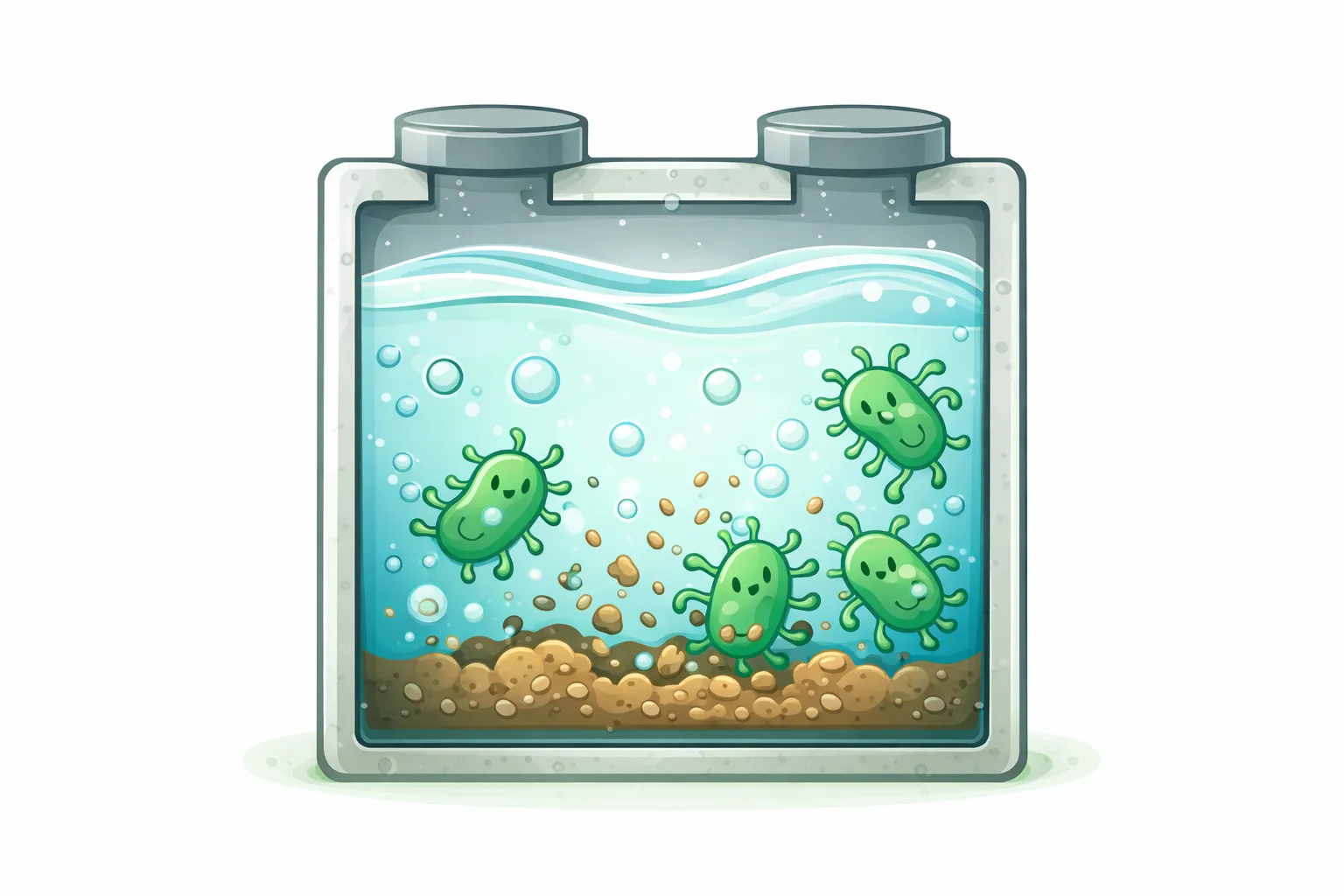 Stiklinis indas su mėlynu skysčiu, žaliais mikrobais