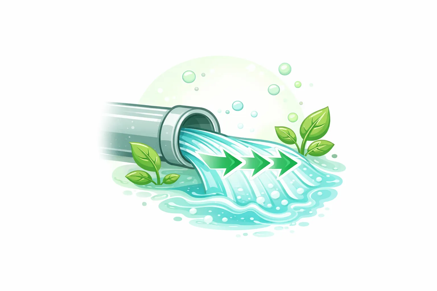 Pilkas vamzdis su tekančiu vandeniu, žaliomis rodyklėmis ir lapeliais