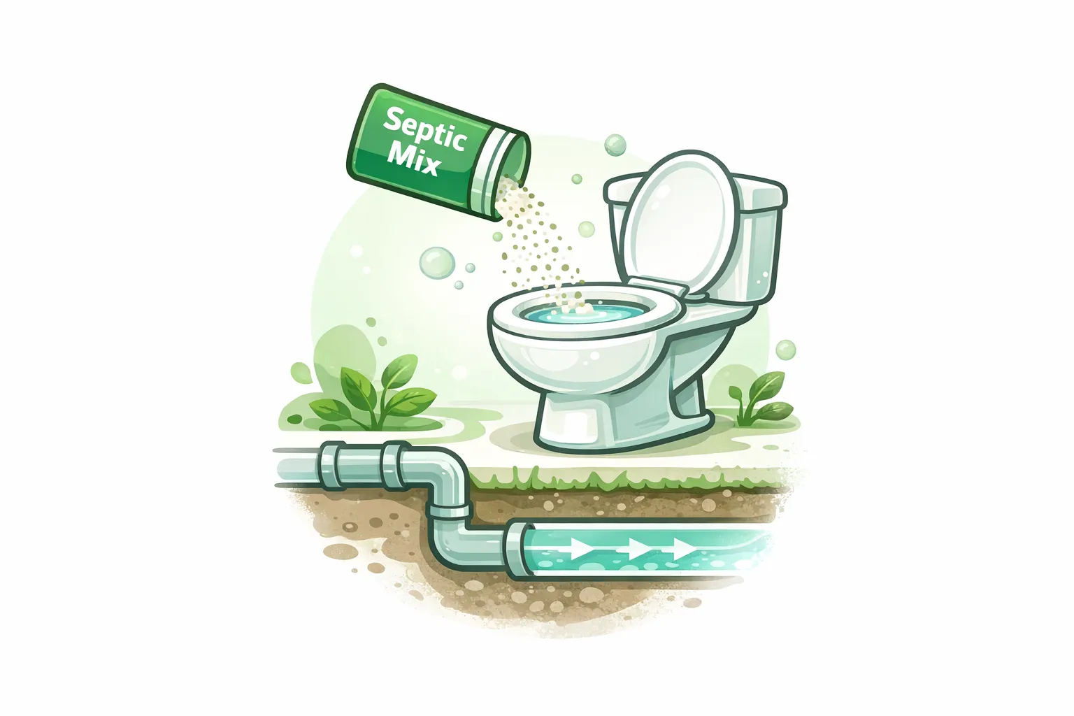 Tualeto ir septiko sistemos iliustracija su žalios spalvos konteineriu, iš kurio turinys