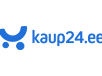 Mėlynas logotipas su stilizuotu šypsenėlės simboliu, dviem taškais apačioje ir užrašu 'kaup24.ee'