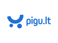 Mėlynos spalvos stilizuota šypsenėlė su užrašu „pigu.lt“ dešinėje