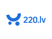 Mėlynas logotipas su stilizuotu veidu ir dviem taškais šalia užrašo '220.lv'